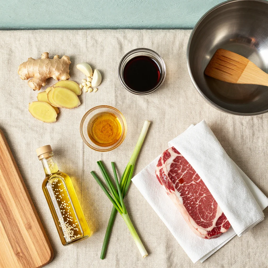 All ingredients for Flank Steak Marinade with Soy Sauce and Ginger