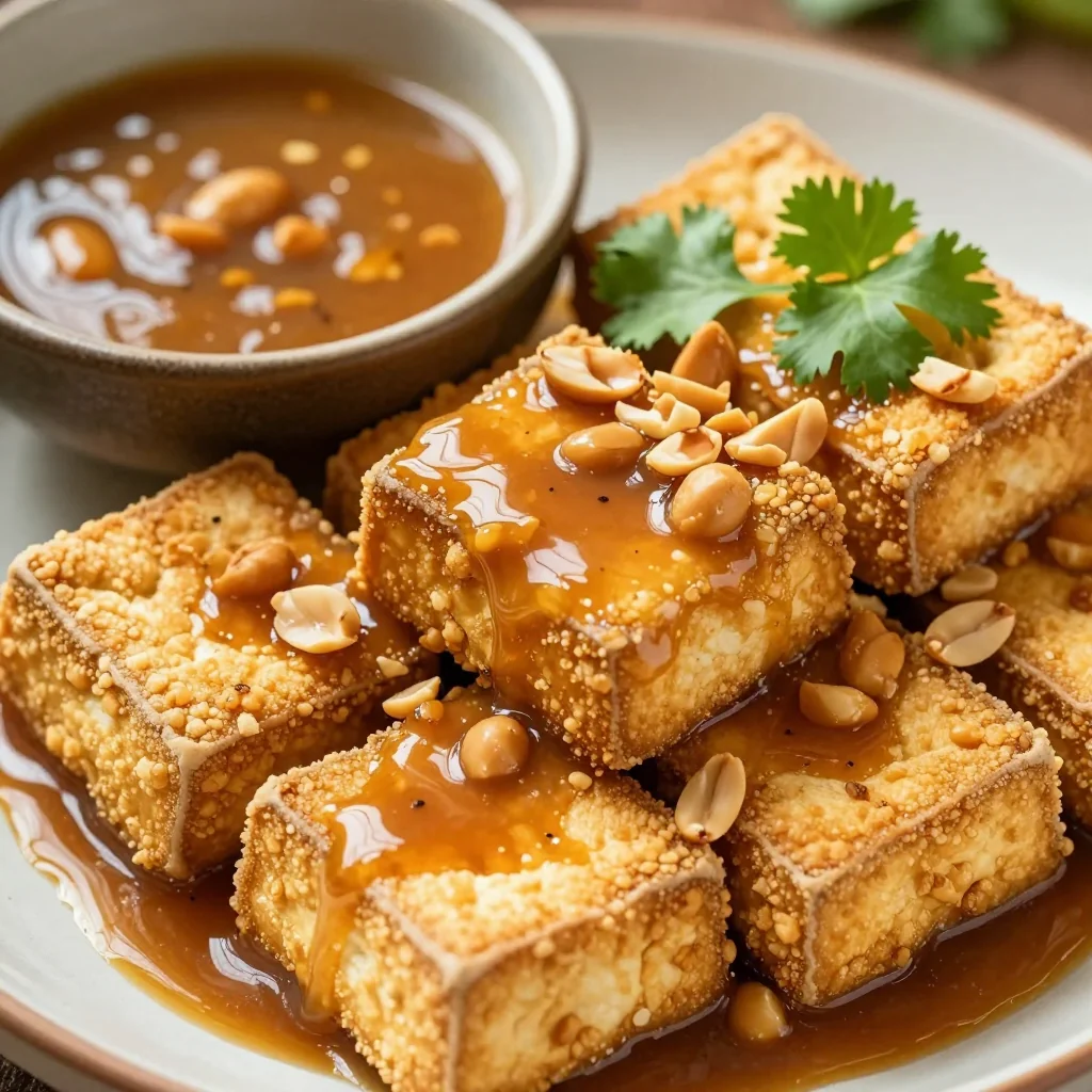 Crispy Baked Tofu with Spicy Peanut Sauce for Snacks