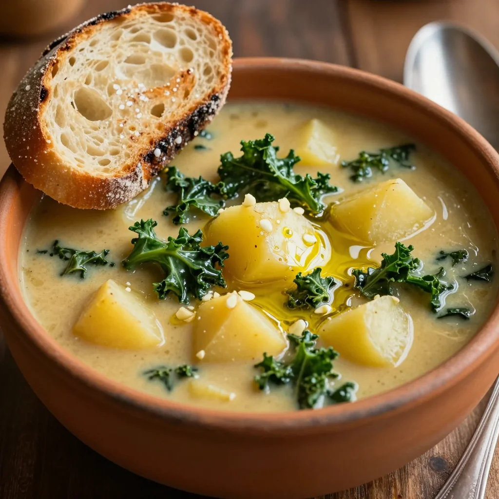 cozy kale and potato soup with garlic for cold winter evenings