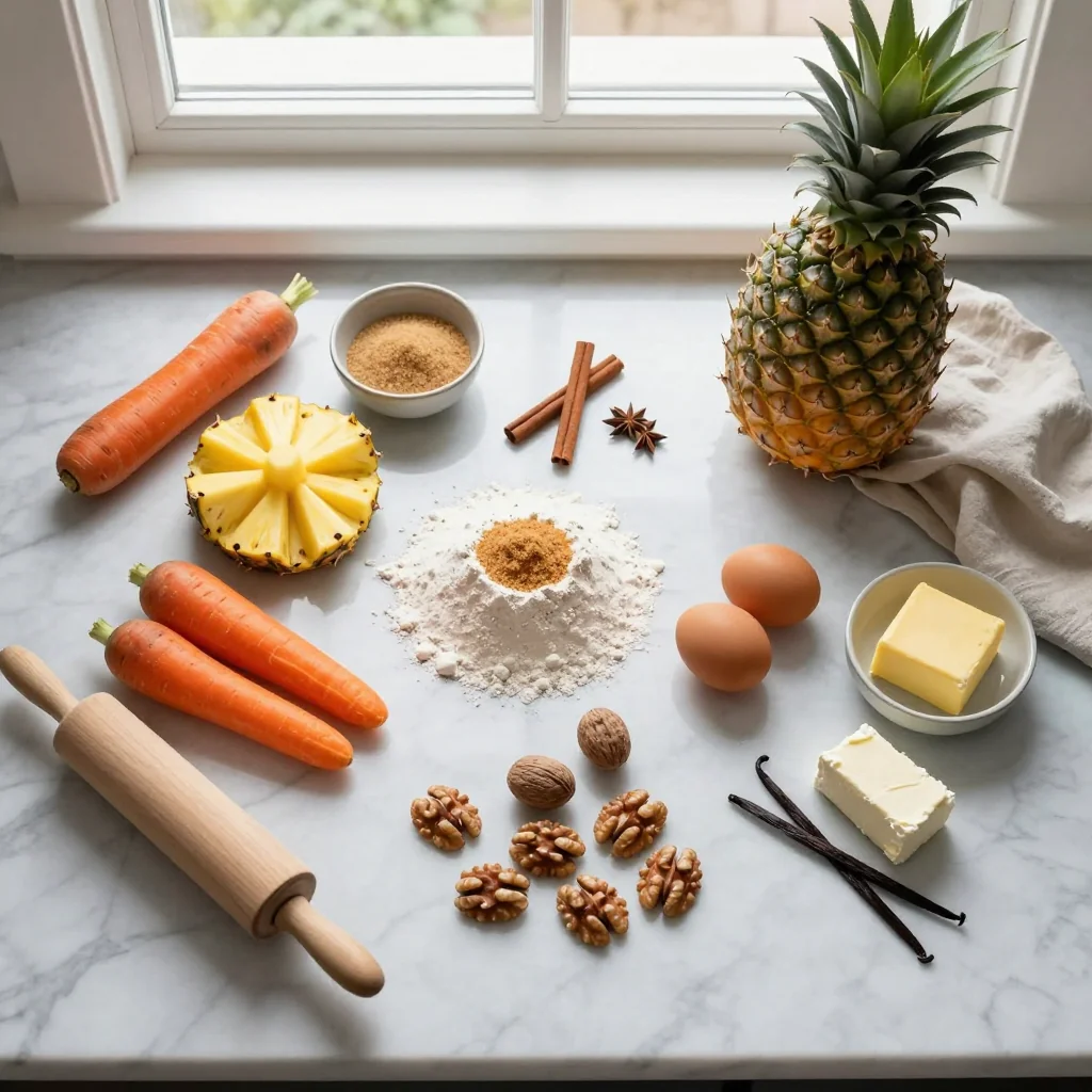 All ingredients for The Best Homemade Carrot Cake with Pineapple neatly arranged
