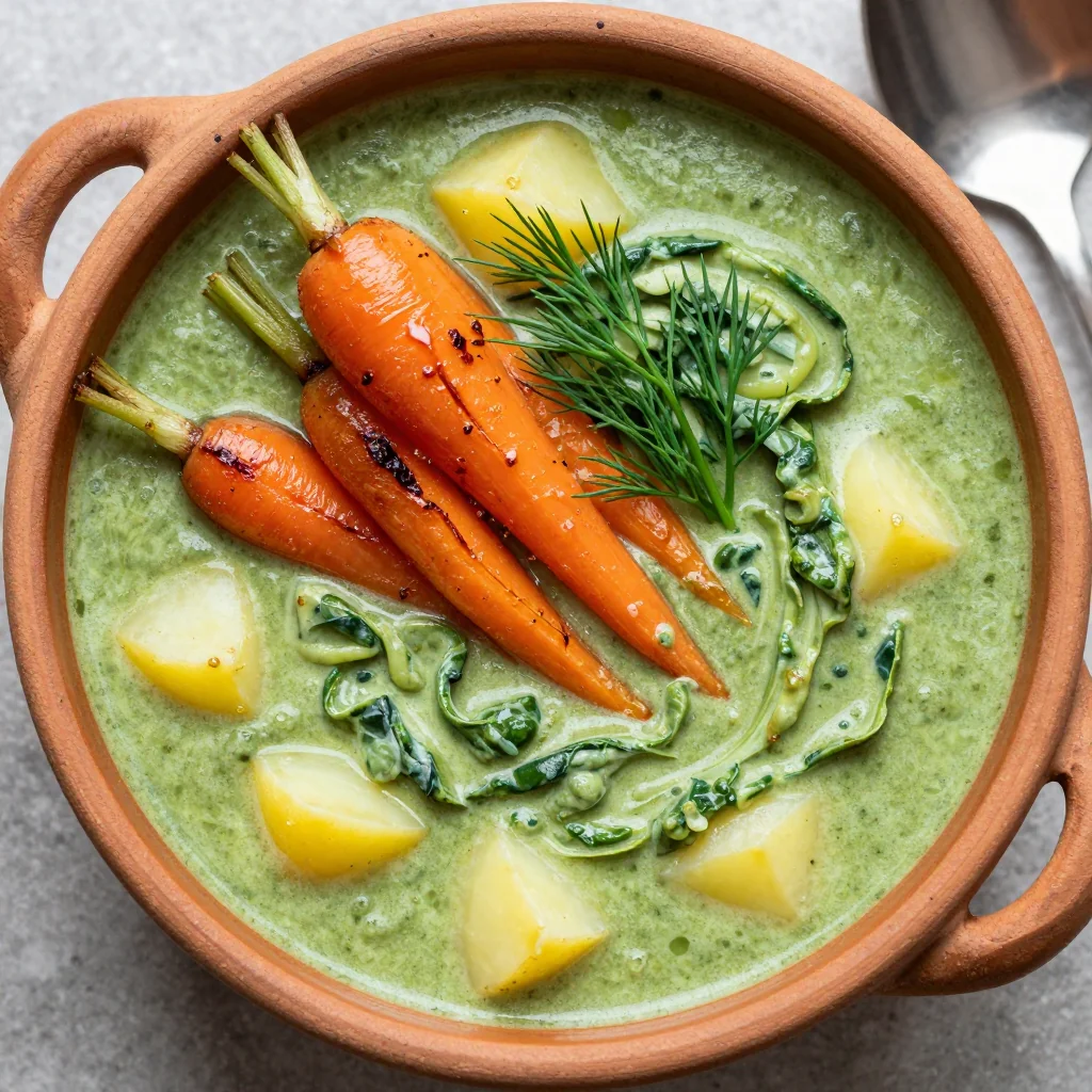 onepot spinach and potato soup with roasted carrots for cold nights