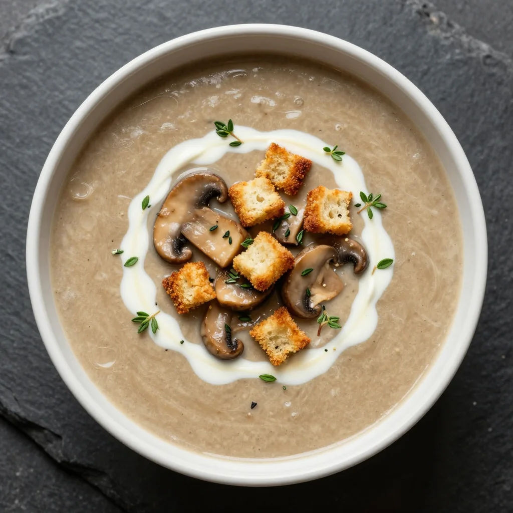 Creamy Mushroom Soup with Thyme and Croutons