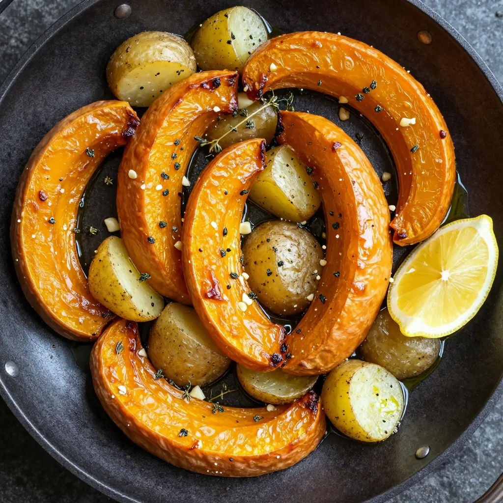 savory lemon and garlic roasted winter squash and potatoes