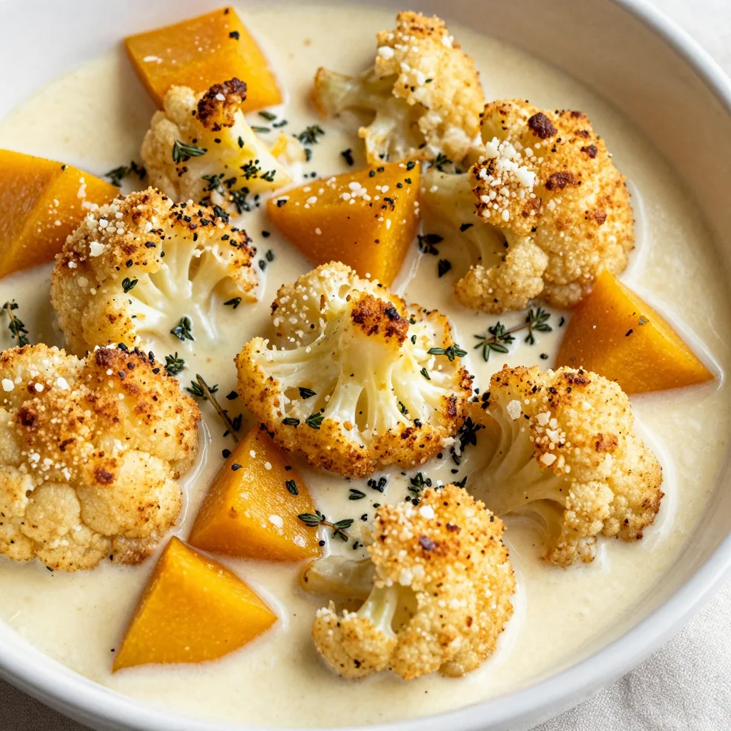 creamy garlic roasted cauliflower and winter squash bake for family meals