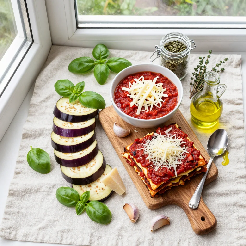 All ingredients for Eggplant Parmesan Stacks with Fresh Basil