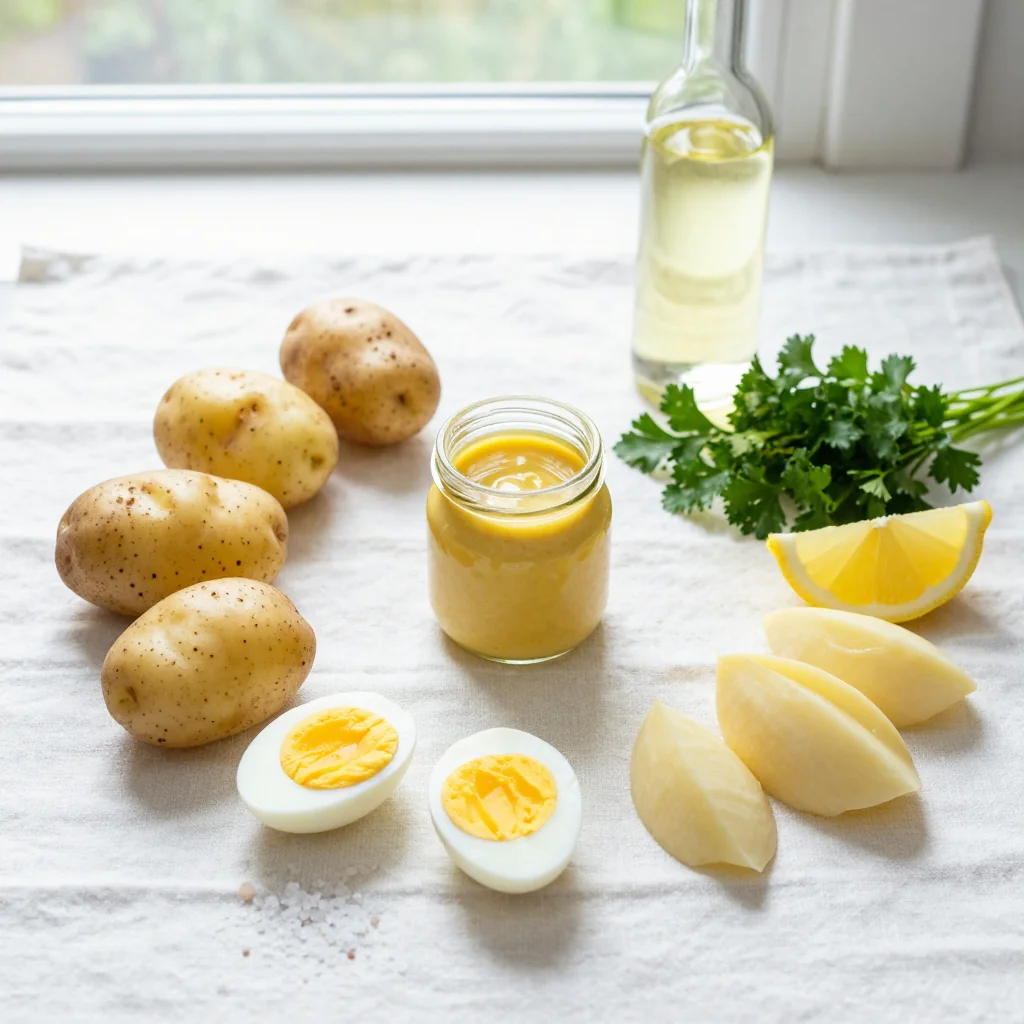 All ingredients for Potato Salad with Egg and Mustard Dressing