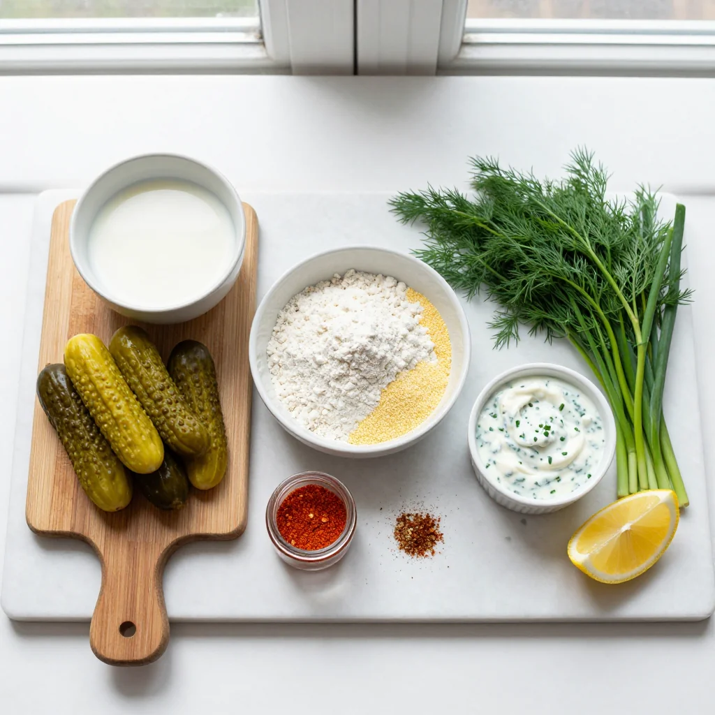 All ingredients for Crispy Fried Pickles with Spicy Ranch Dipping Sauce