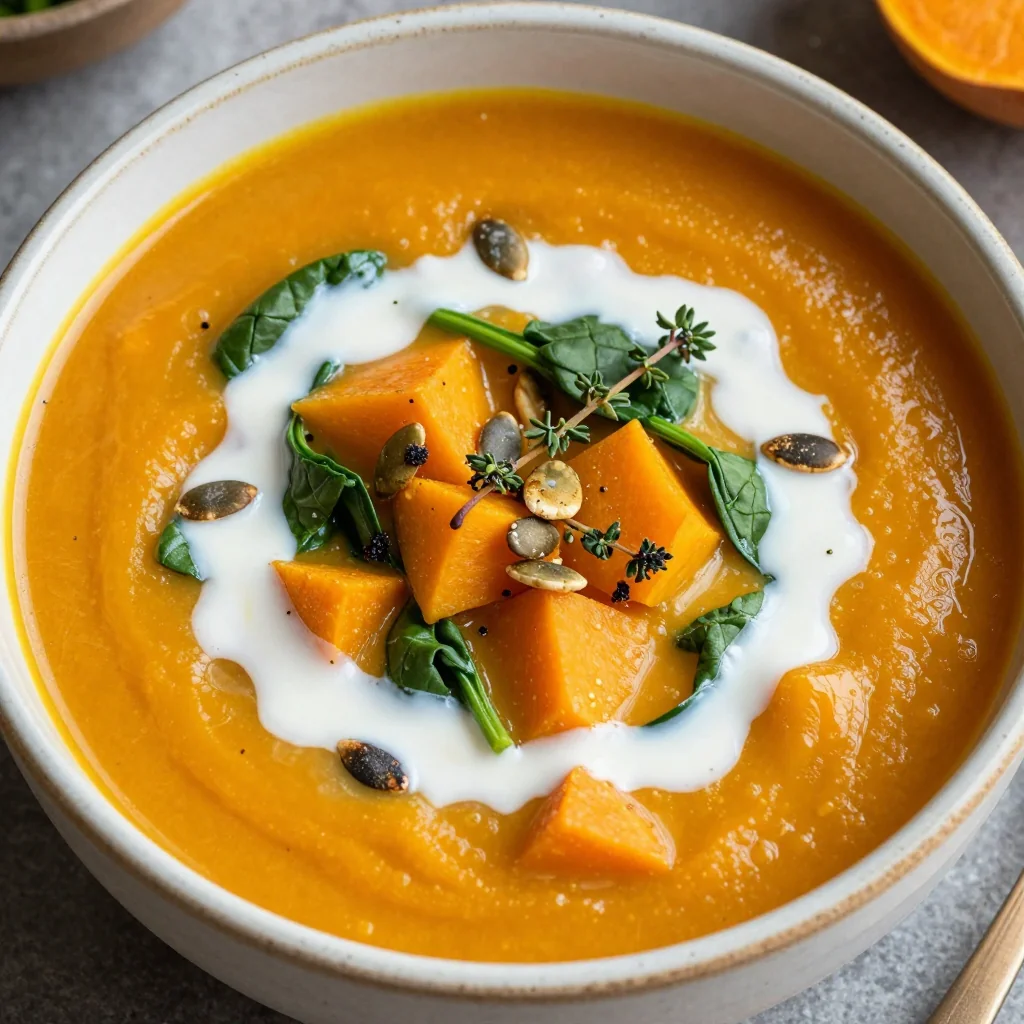 healthy batch cooked sweet potato and spinach soup for winter evenings