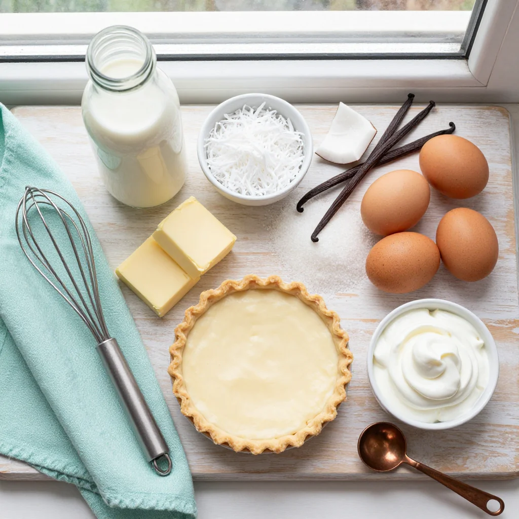 All ingredients for Coconut Cream Pie with Meringue Topping