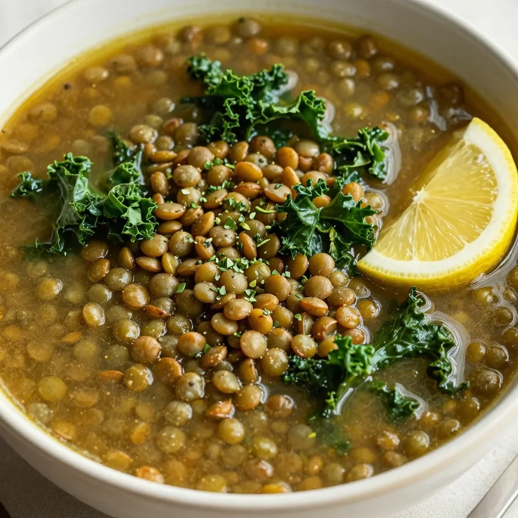 comforting high protein lentil and kale soup for chilly evenings