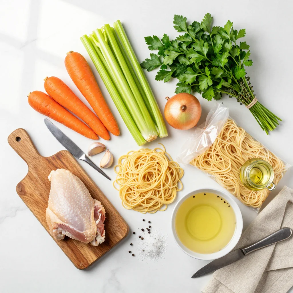All ingredients laid out for chicken noodle soup with egg noodles
