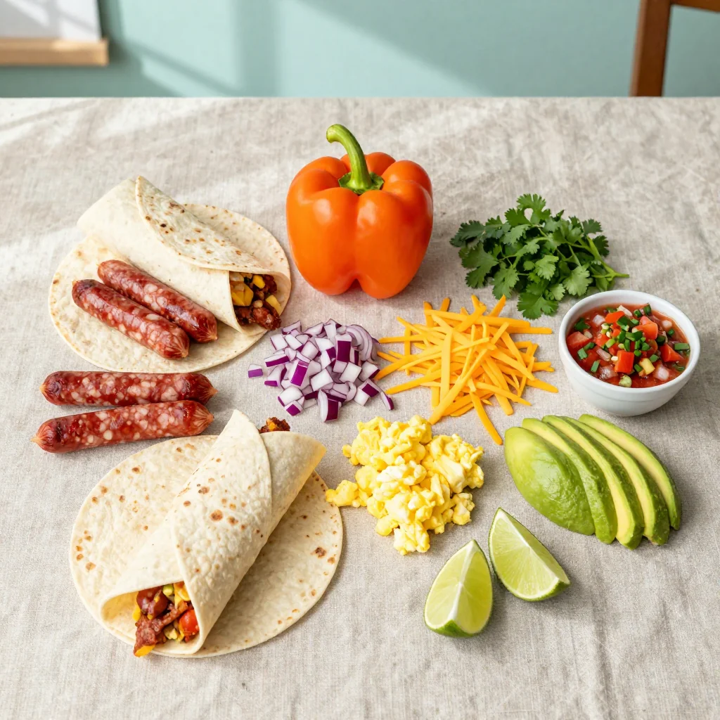 All ingredients laid out for Breakfast Burritos with Chorizo</p><div class=