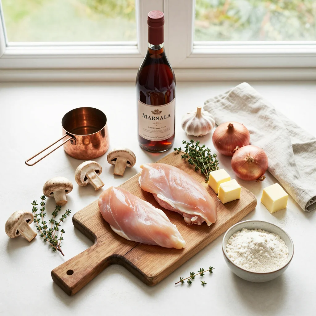 All ingredients for Chicken Marsala with Mushrooms and Marsala Wine Sauce