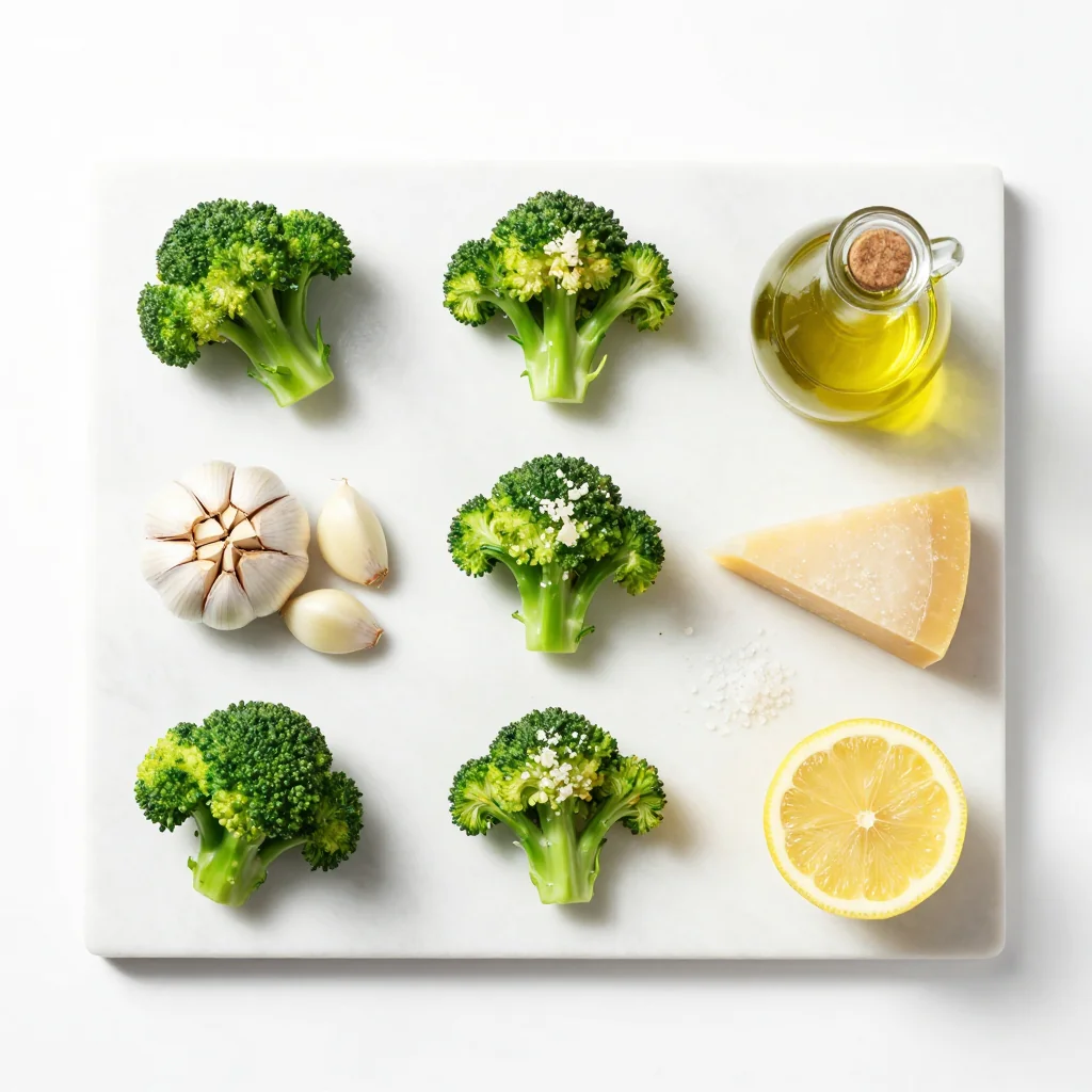 All ingredients for Garlic Roasted Broccoli with Parmesan Cheese