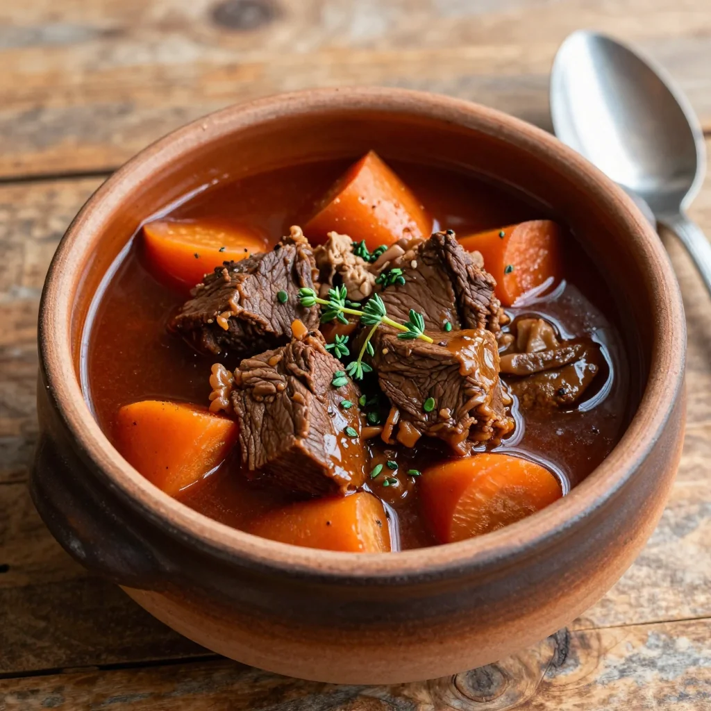 batch cooking slow cooker beef and root vegetable stew with fresh thyme