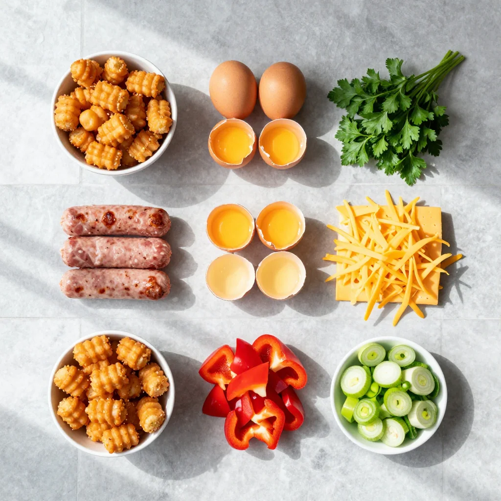 All ingredients for Tater Tot Breakfast Casserole with Sausage