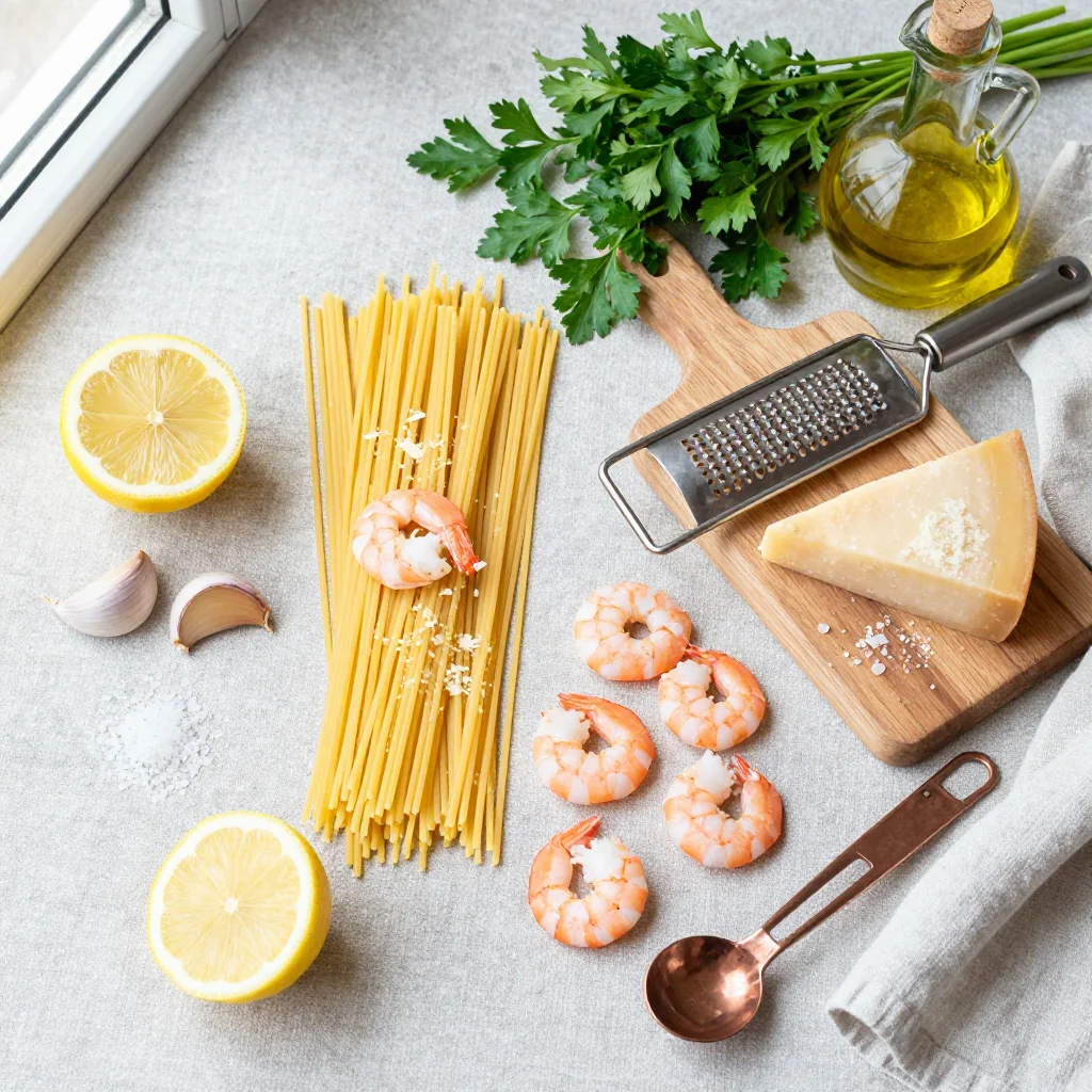 All ingredients for Lemon Garlic Pasta with Shrimp and Parmesan