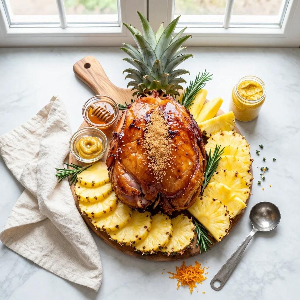 All ingredients for Brown Sugar Glazed Ham with Pineapple arranged on a wooden board