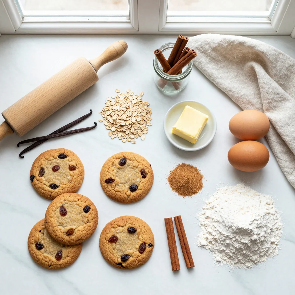 All ingredients for Oatmeal Raisin Cookies with Cinnamon and Nutmeg