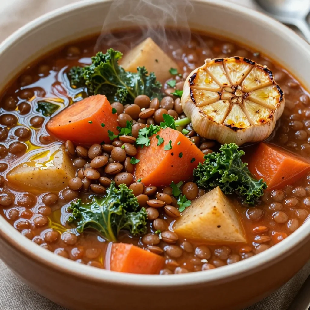 batch cooking hearty lentil and winter vegetable stew with garlic