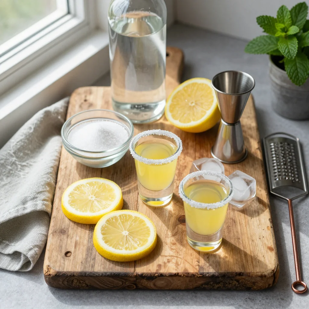 All ingredients laid out for Lemon Drop Shot with Sugar Rim