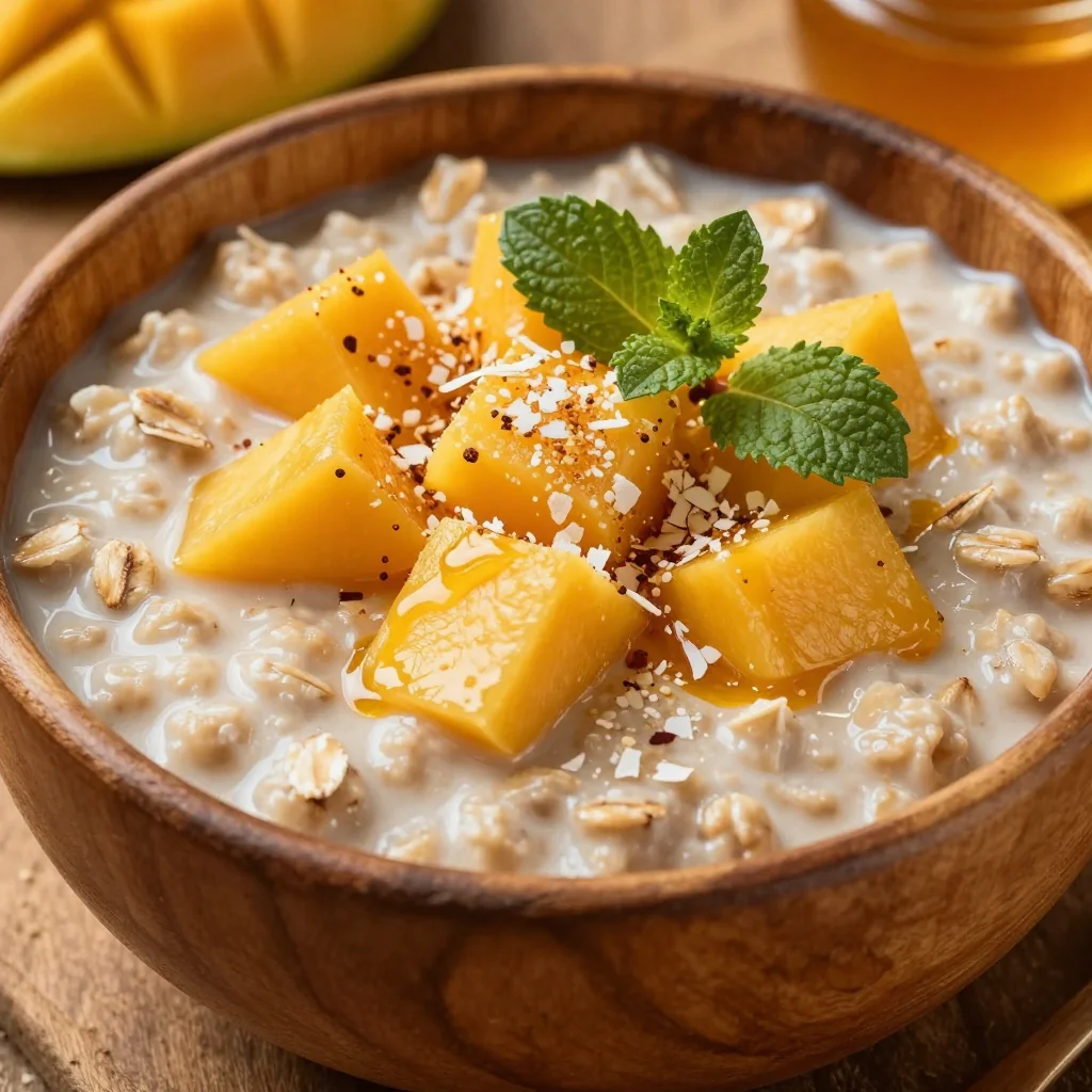 Healthy Warm Oatmeal with Mango and Coconut
