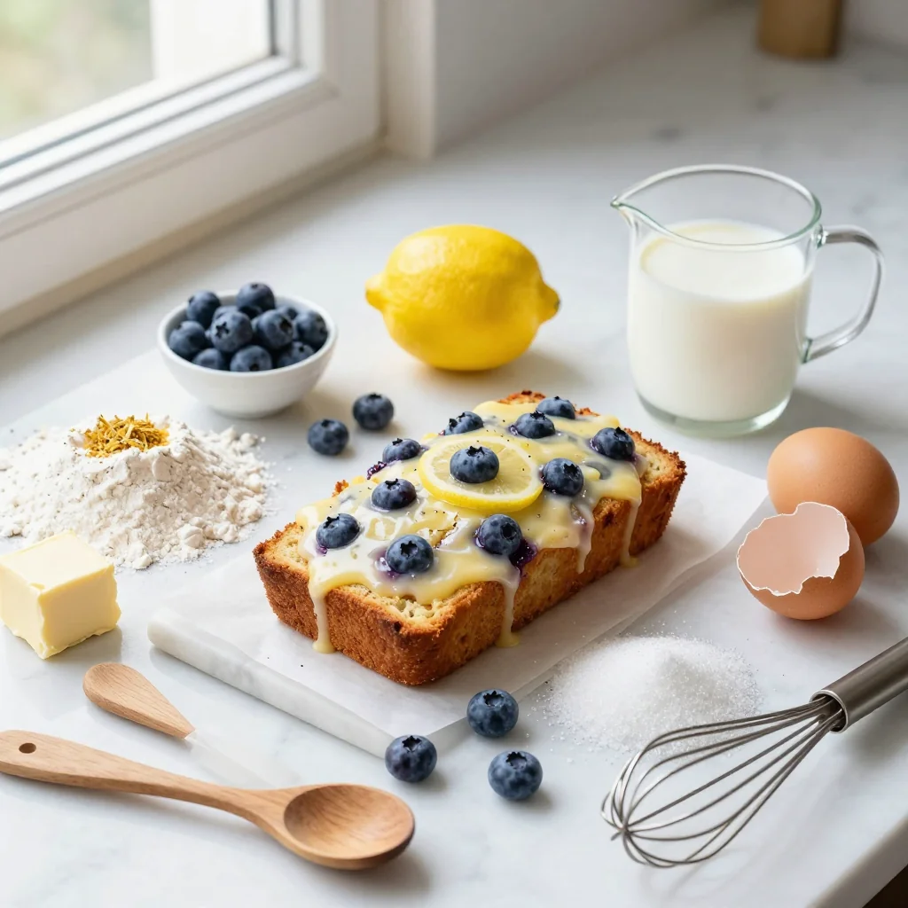 All ingredients for Lemon Blueberry Bread with Lemon Glaze Drizzle neatly arranged on a wooden board