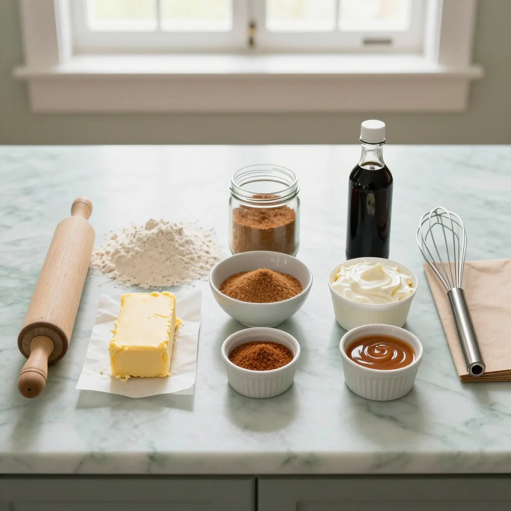All ingredients for Cinnamon Roll Poke Cake laid out on a wooden board