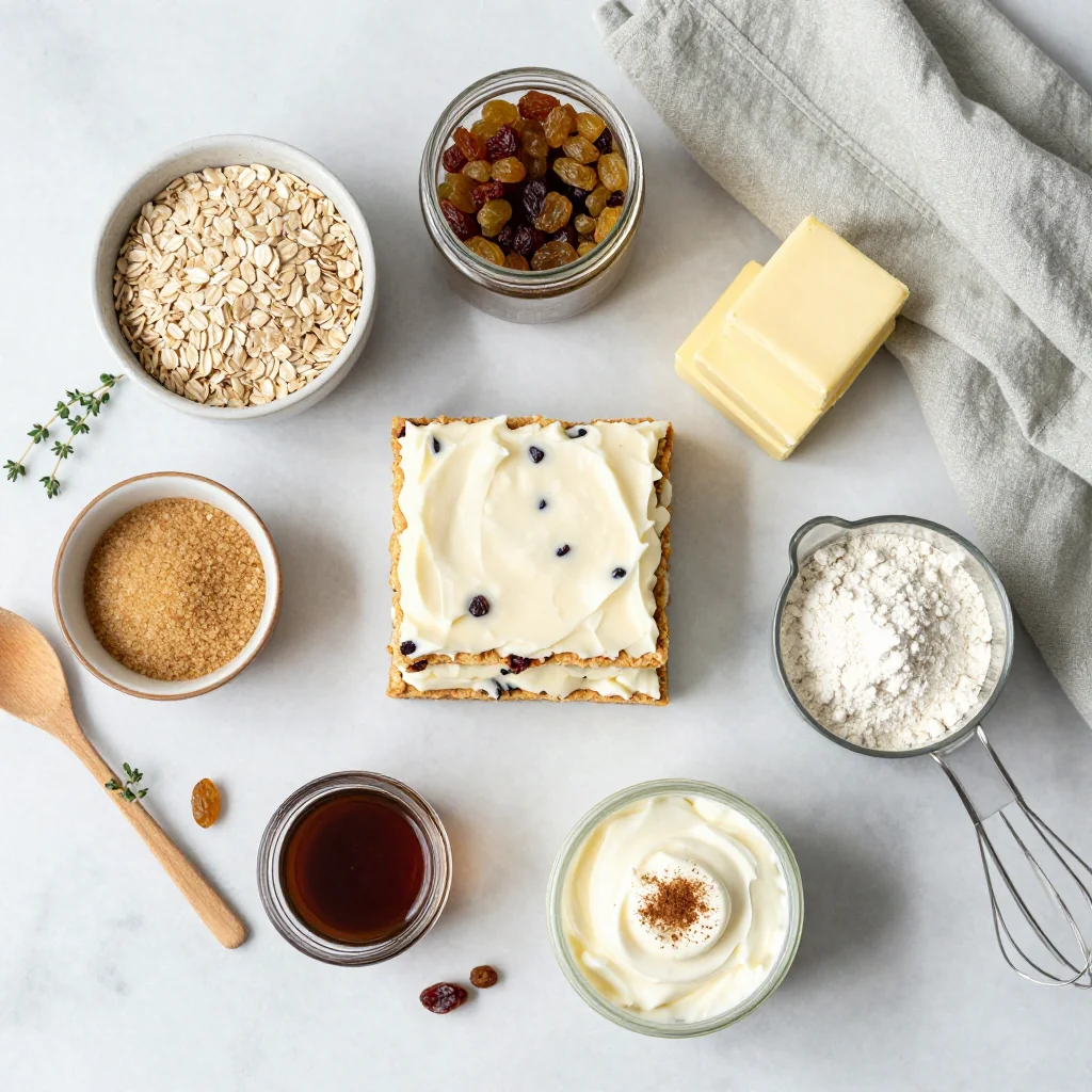 All ingredients laid out for Oatmeal Raisin Cookie Bars with Frosting