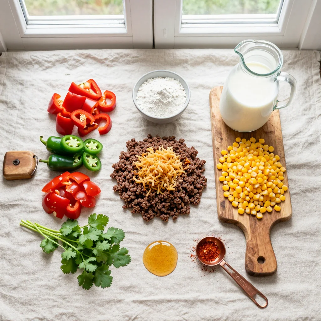 All ingredients for Chili with Cornbread Topping neatly arranged