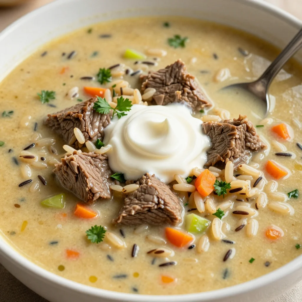 Winter Slow Cooker Creamy Beef and Wild Rice Soup