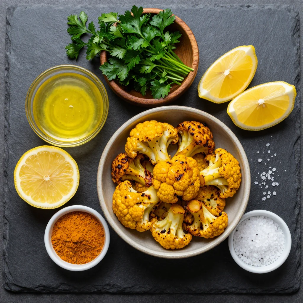 Fresh ingredients for turmeric roasted cauliflower with lemon parsley sauce arranged on a wooden board