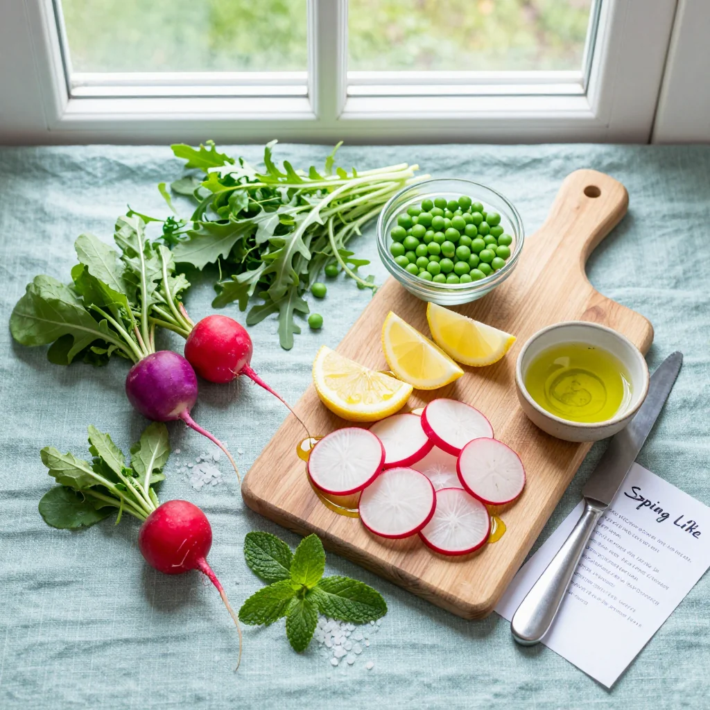 All ingredients for Spring Salad with Radishes and Peas
