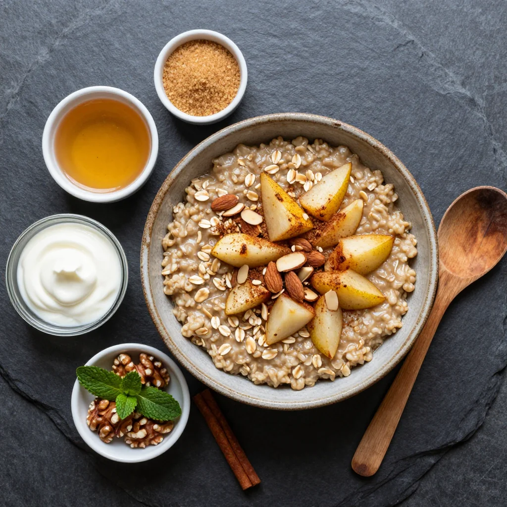 Ingredients for Healthy Warm Spiced Pear and Almond Oatmeal