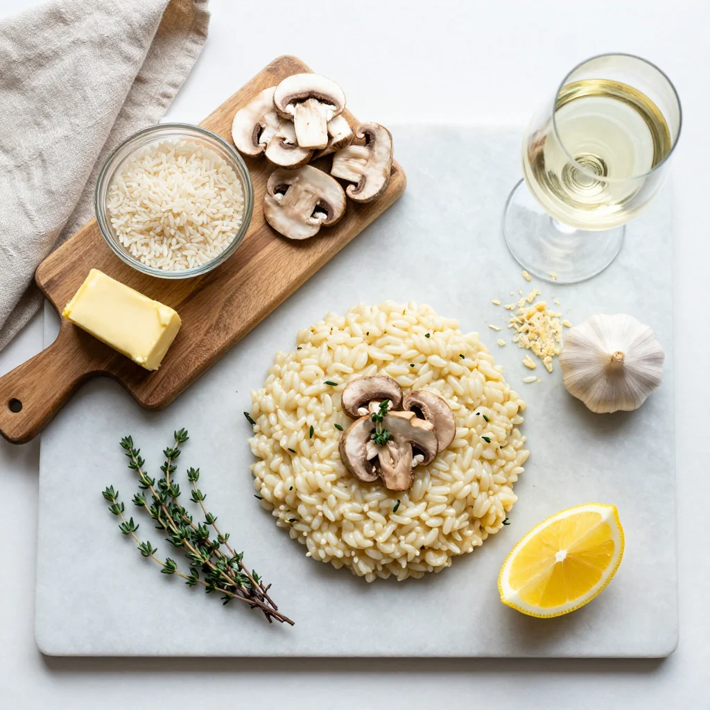 All ingredients for Creamy Mushroom Risotto with Parmesan Cheese