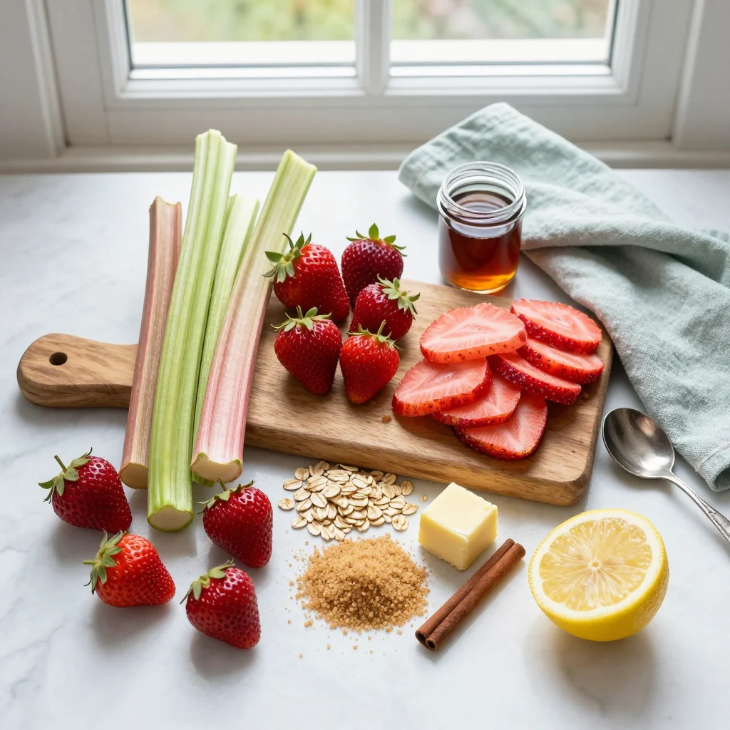 All ingredients for Strawberry Rhubarb Crisp with Oat Crumble