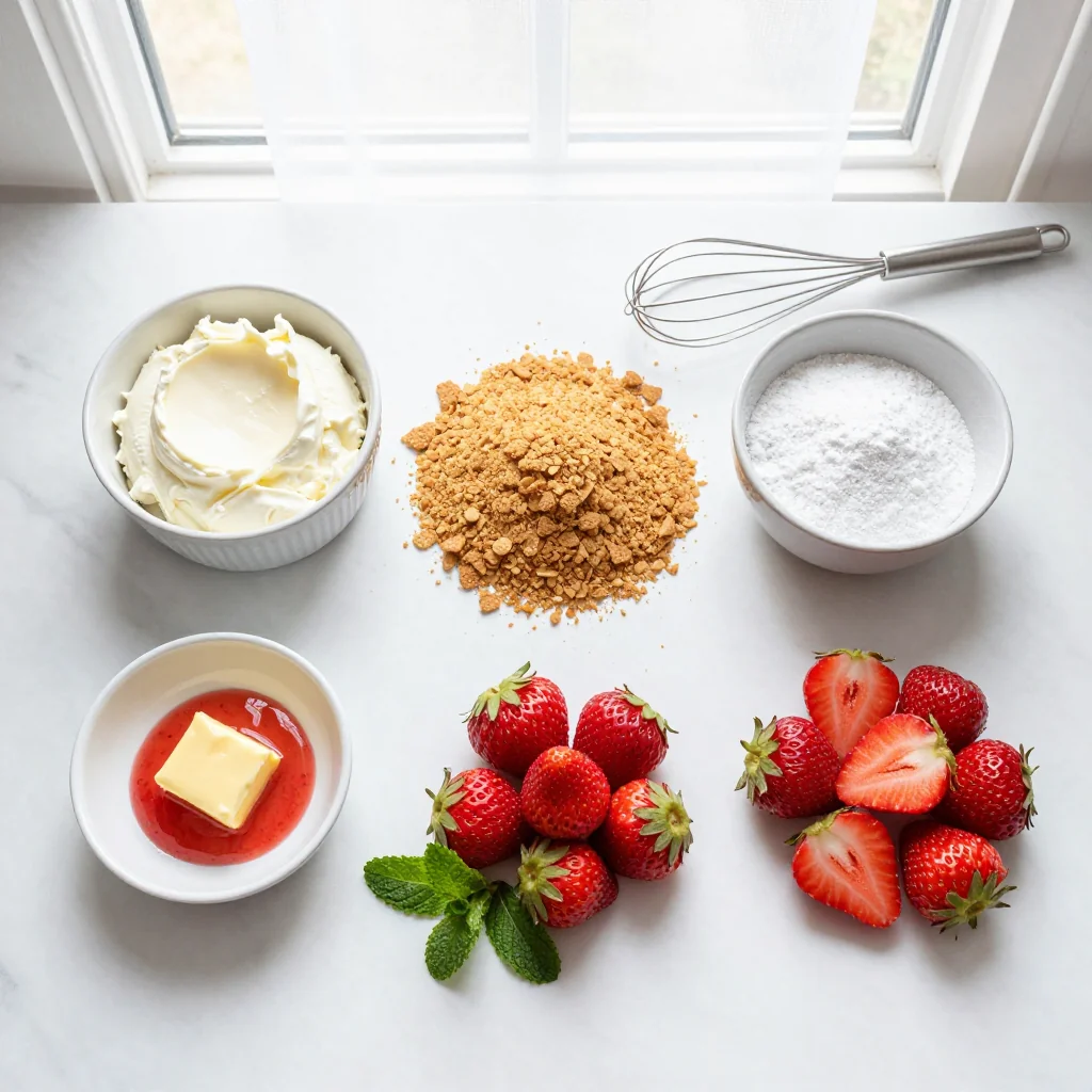 All ingredients for Strawberry Cheesecake with Graham Crust