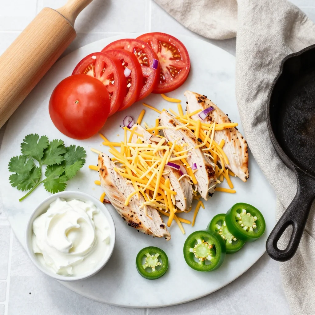 All ingredients for Chicken Quesadillas with Salsa and Sour Cream
