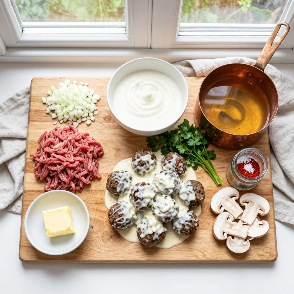 All ingredients for Beef Stroganoff Meatballs with Creamy Mushroom Sauce
