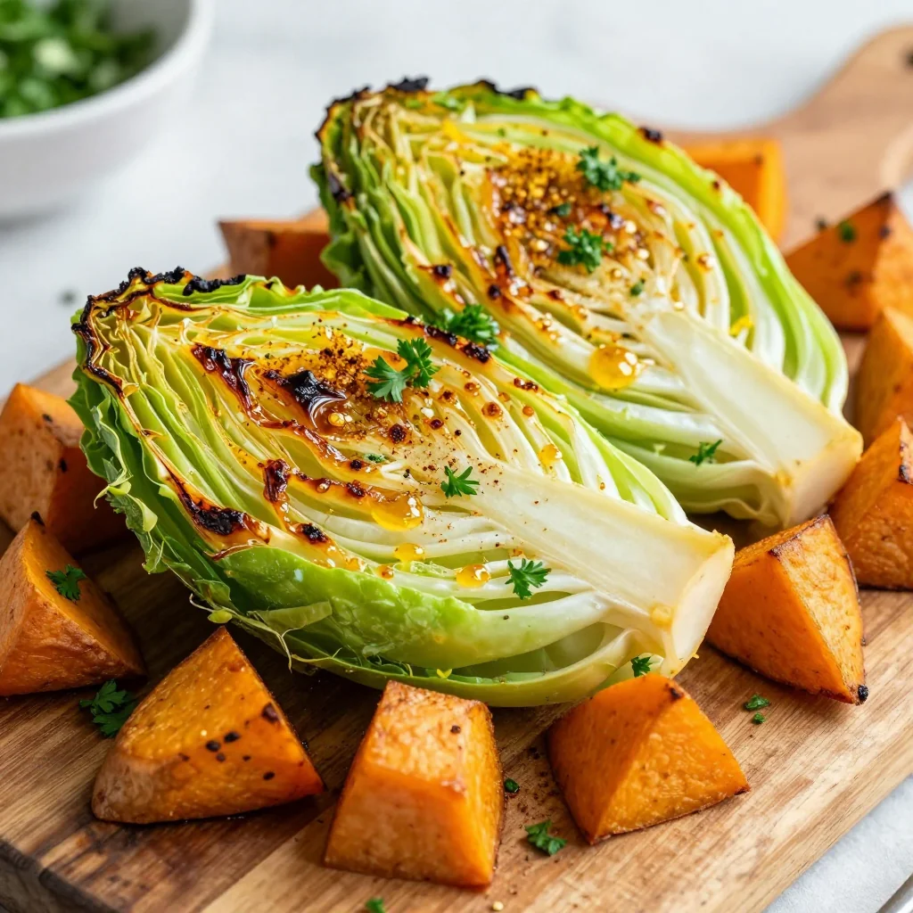 warm garlic and lemon roasted cabbage and sweet potato side dish