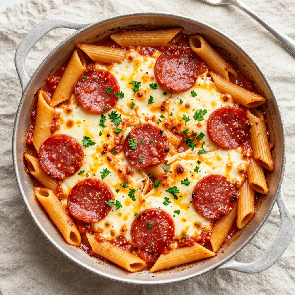Kid Friendly Pizza Pasta Bake with Pepperoni Recipe