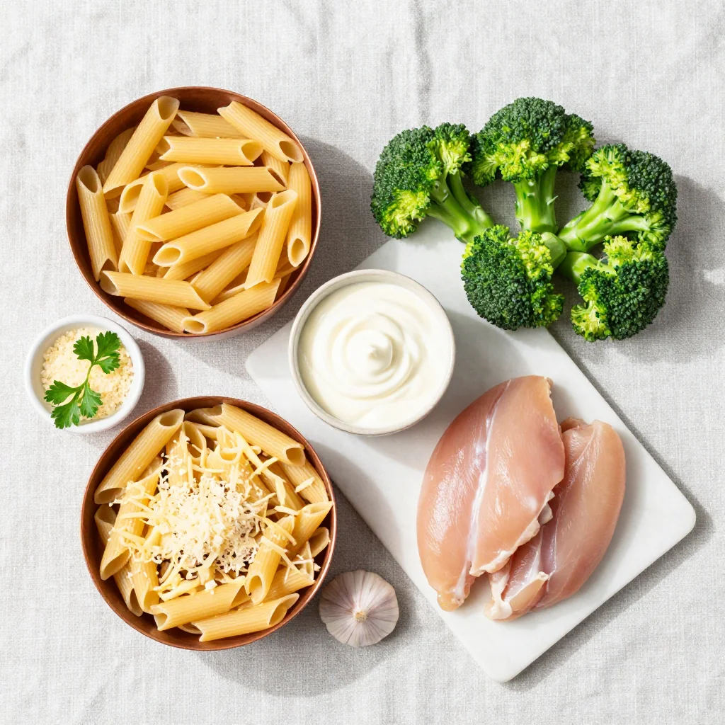 All ingredients for Chicken Alfredo with Broccoli and Penne