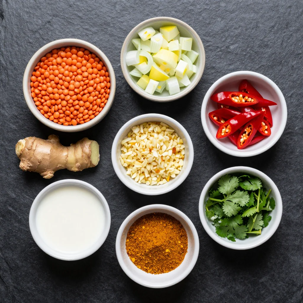 Ingredients laid out in small bowls—green and red lentils, coconut milk, spices, and fresh herbs—on a weathered wood board