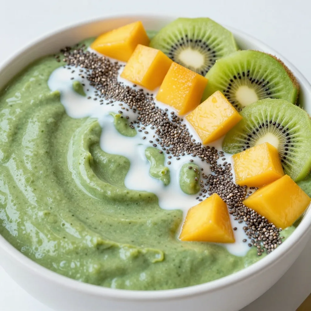 New Year's Day Green Smoothie Bowl with Kiwi and Mango Chunks