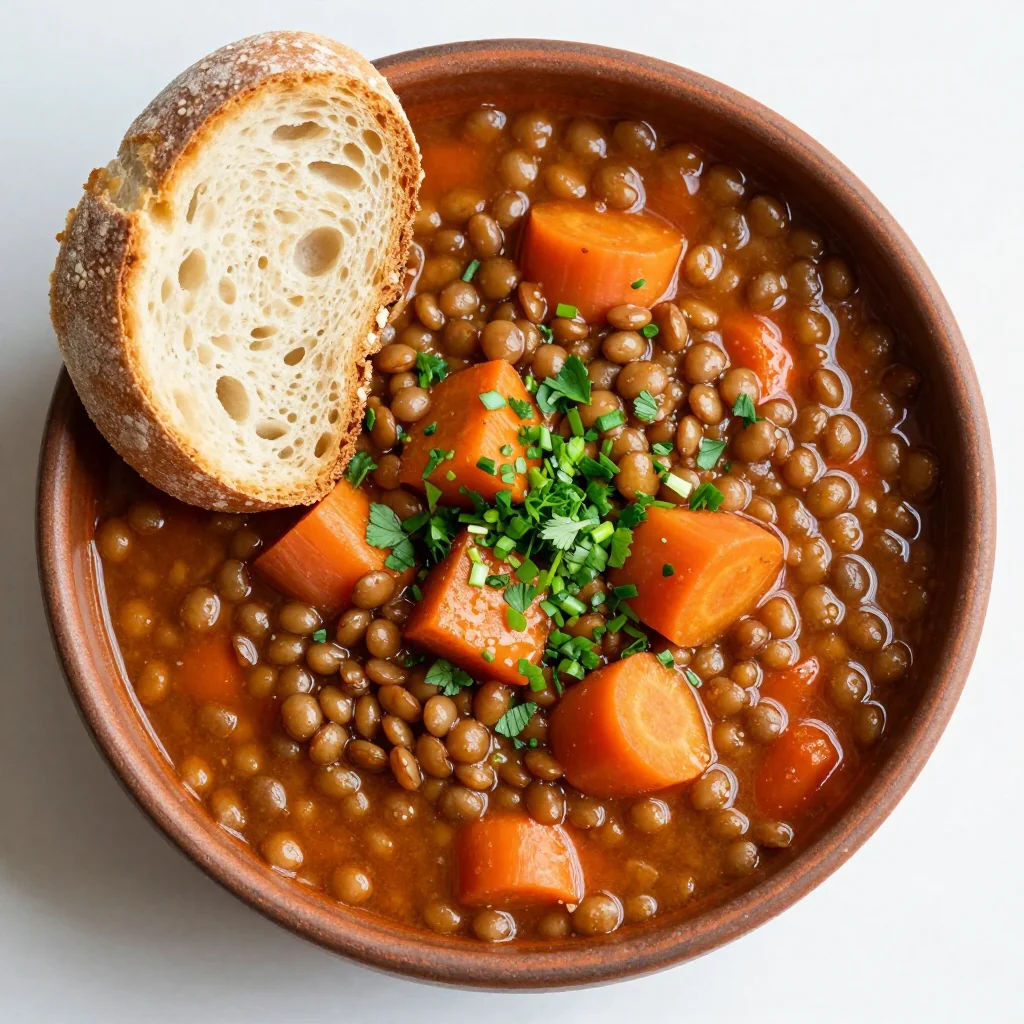 batch cooked lentil and carrot stew with herbs for quick family meals