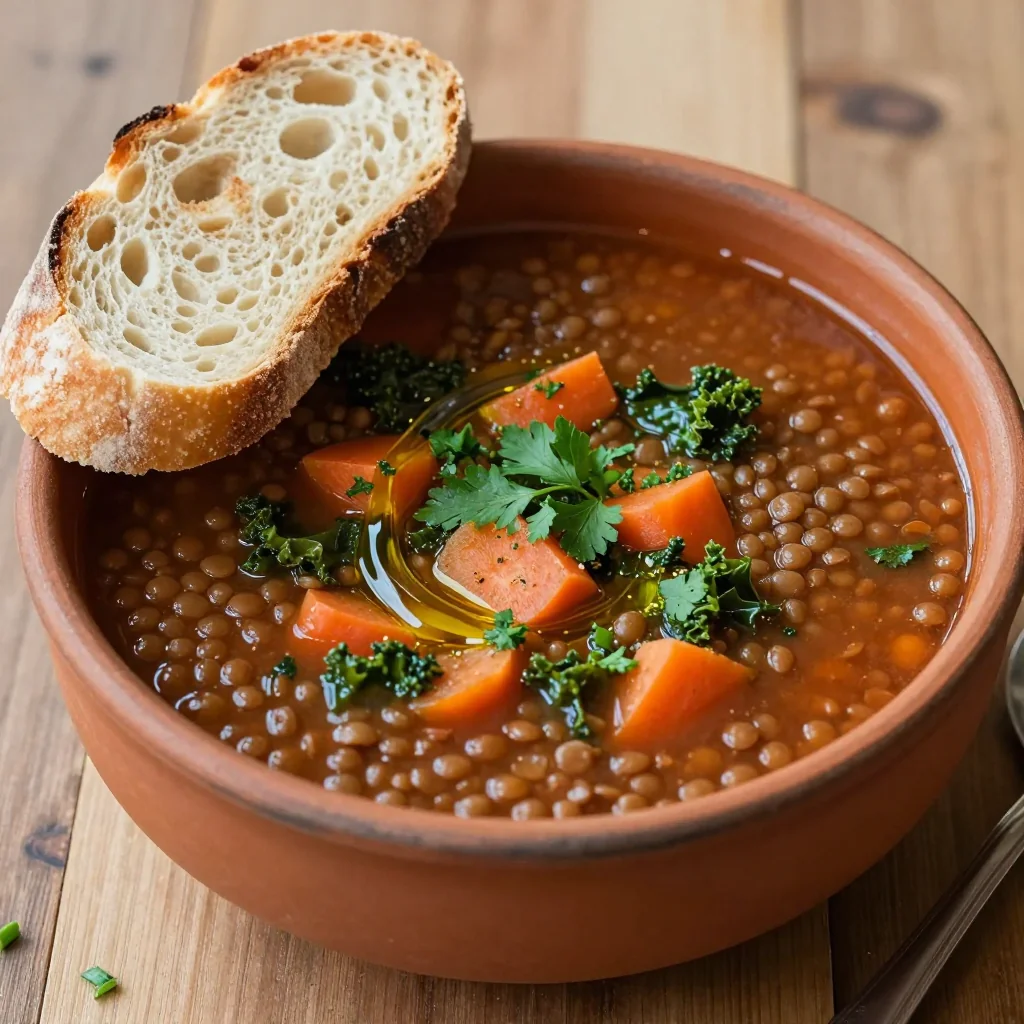 healthy slow cooker lentil soup with kale and carrots for cold evenings