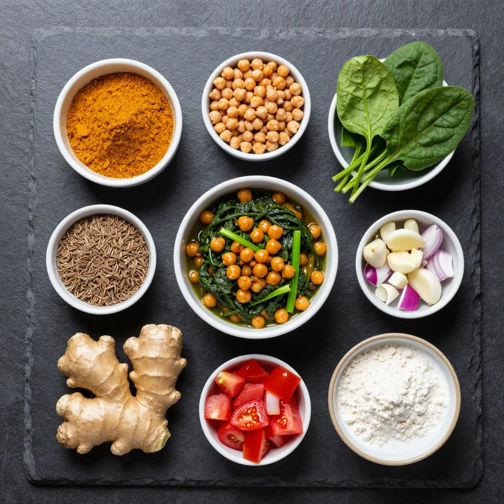 Ingredients for spicy chickpea and spinach curry stew