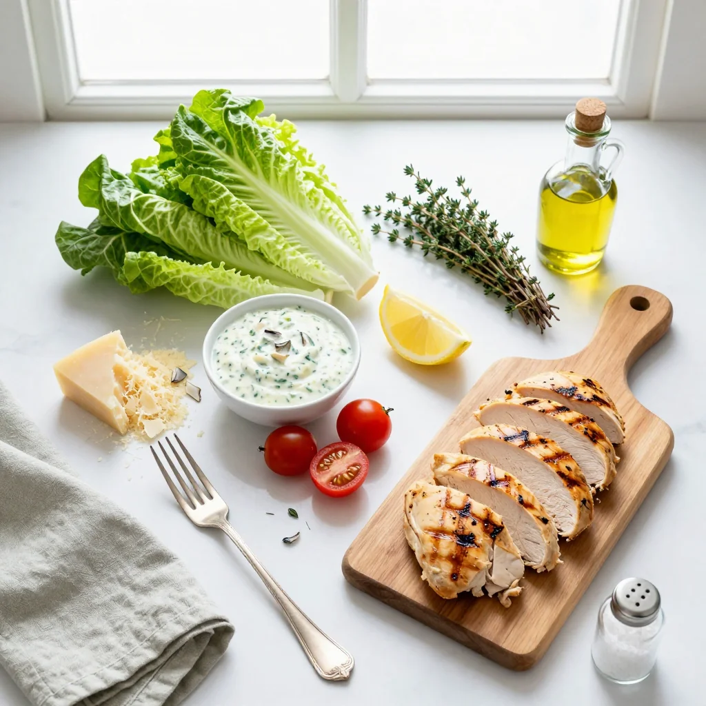 All ingredients for Chicken Caesar Salad with Homemade Caesar Dressing