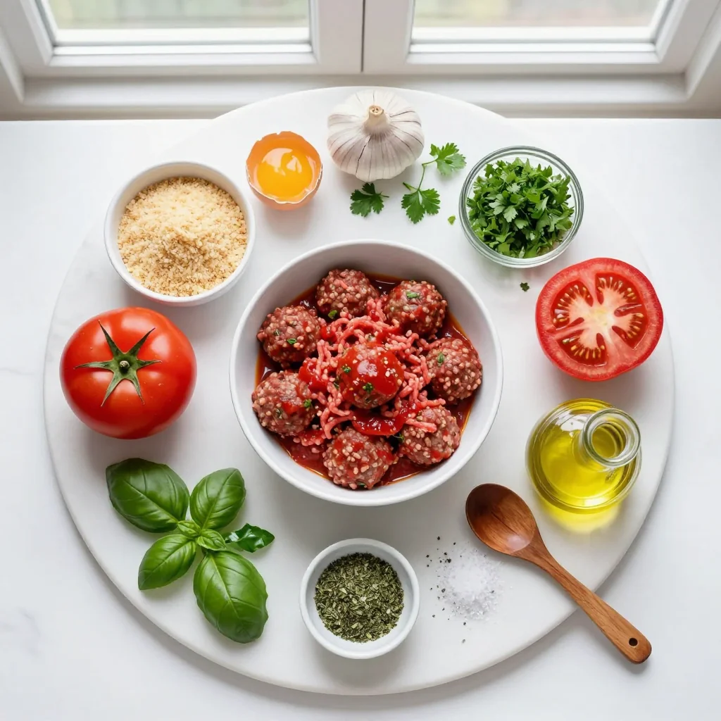 All ingredients for meatballs with marinara