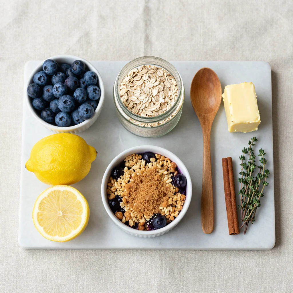 All ingredients for Lemon Blueberry Crisp with Oats laid out on a wooden board